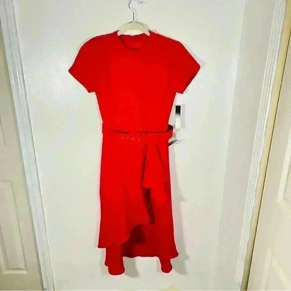 NWT Maggy London Crepe Arc Shoulder Cascade Skirt Belted Fit & Flare Midi Dress - Picture 2 of 9